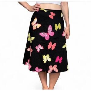 Axcess Liz Claiborne Black Cotton Stretch Butterfly Print Midi Skirt Size 4 Y2K